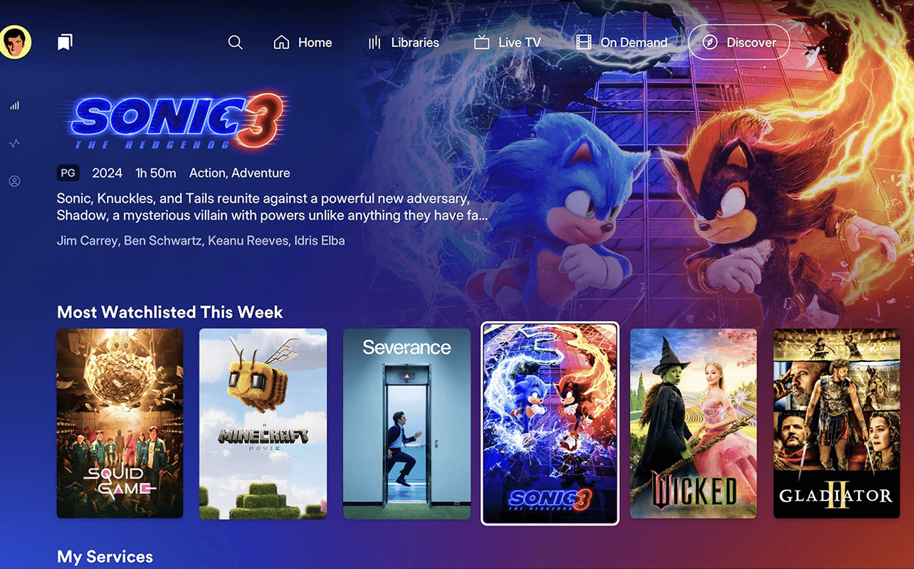 The Plex TV homescreen highlighting the movie Sonic 3.
