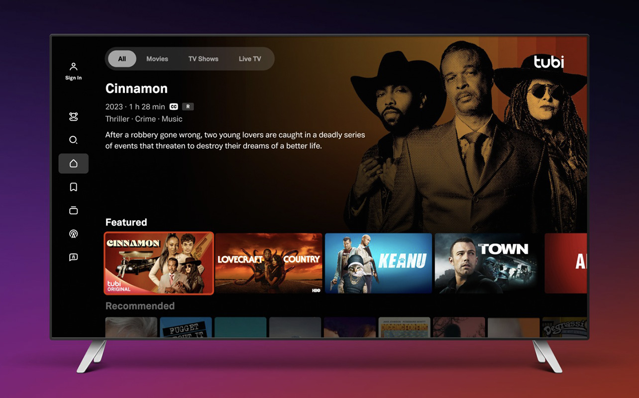 The Tubi TV interface on a smart TV with a purple background.