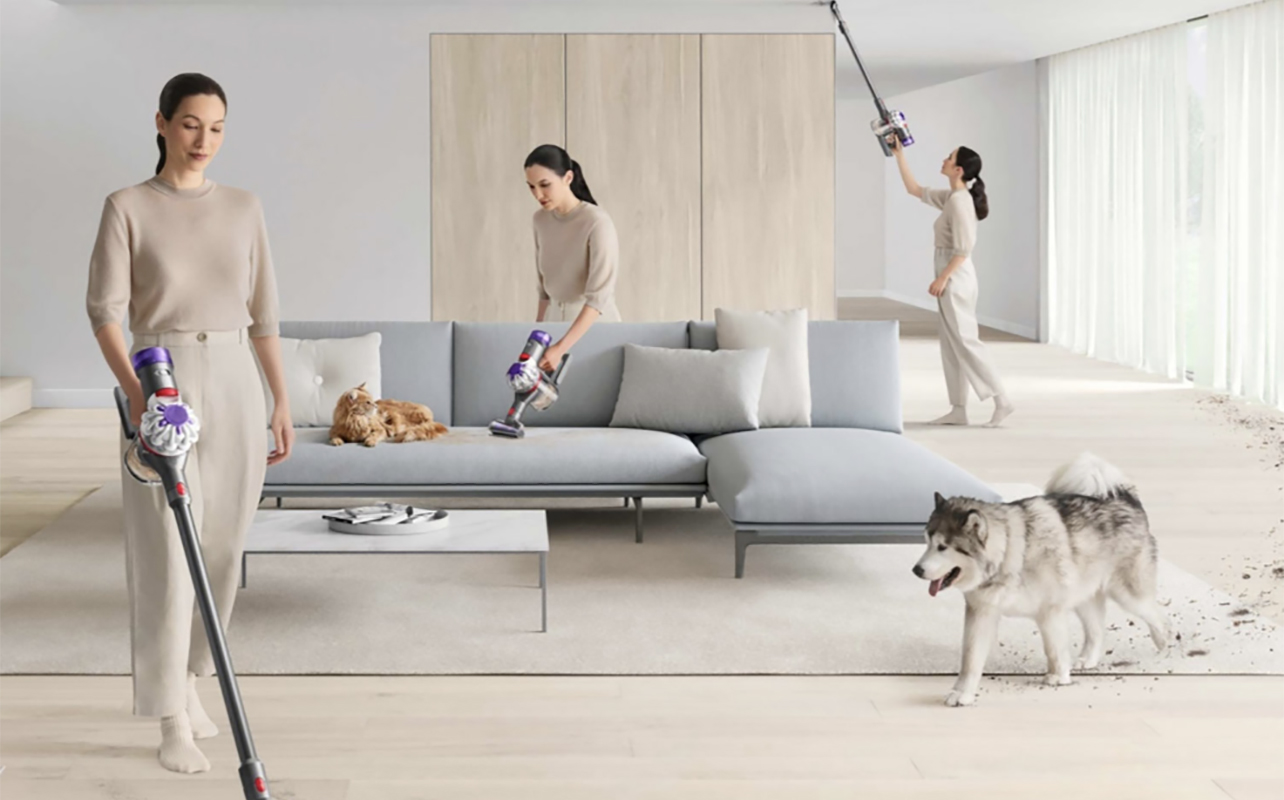 Three images of a woan cleaning the floor, furniture, and ceiling using a Dyson cordless vacuum.